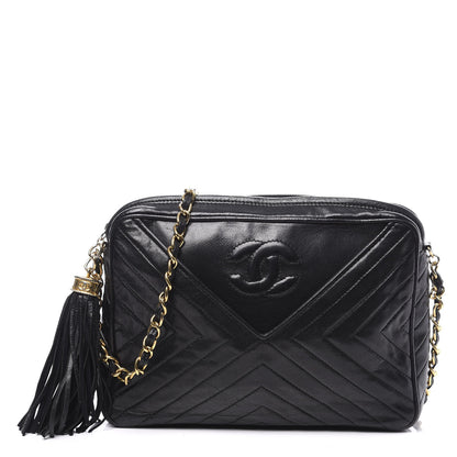 Chanel Lambskin Chevron Quilted Tassel Camera Case Black 1 of 11