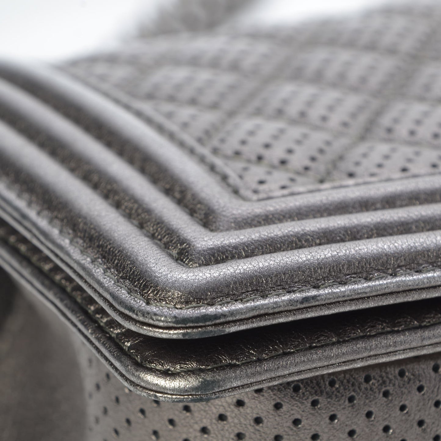 Metallic Lambskin Perforated Medium Boy Flap Dark Silver