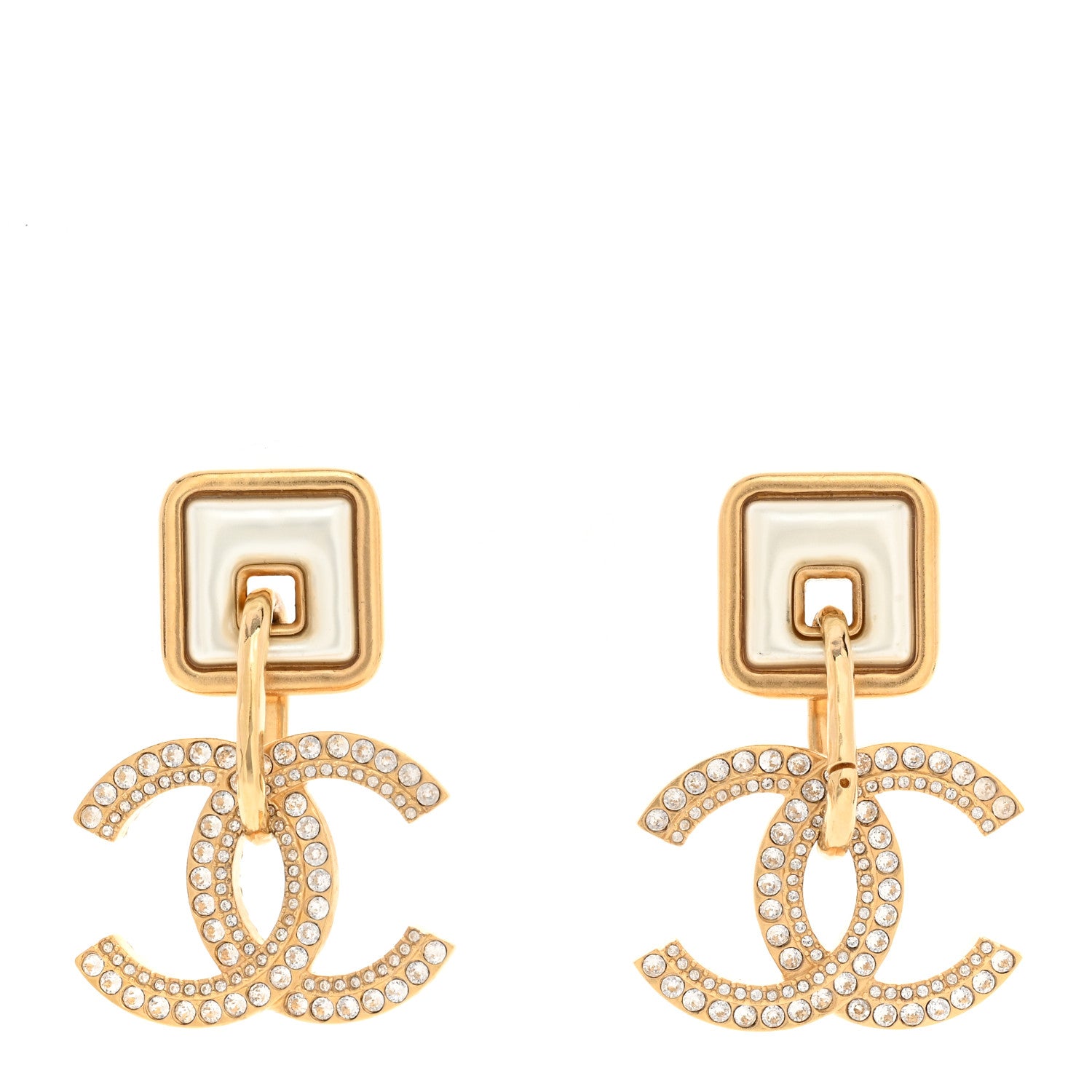 Chanel Crystal Pearl CC Square Drop Earrings Gold Pearly White 1 of 5