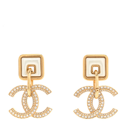 Chanel Crystal Pearl CC Square Drop Earrings Gold Pearly White 1 of 5