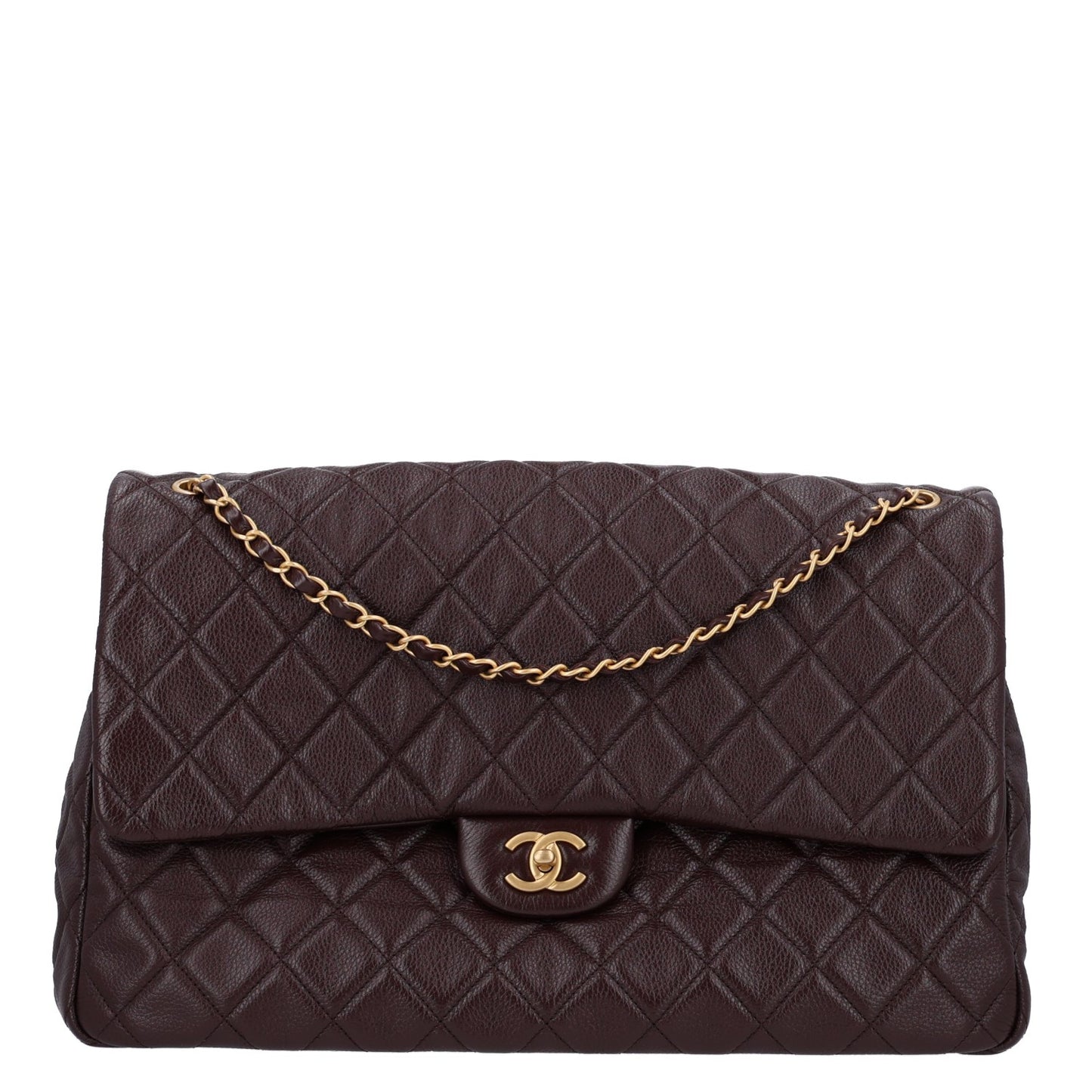 Grained Calfskin Quilted XXL Travel Flap Bag Burgundy