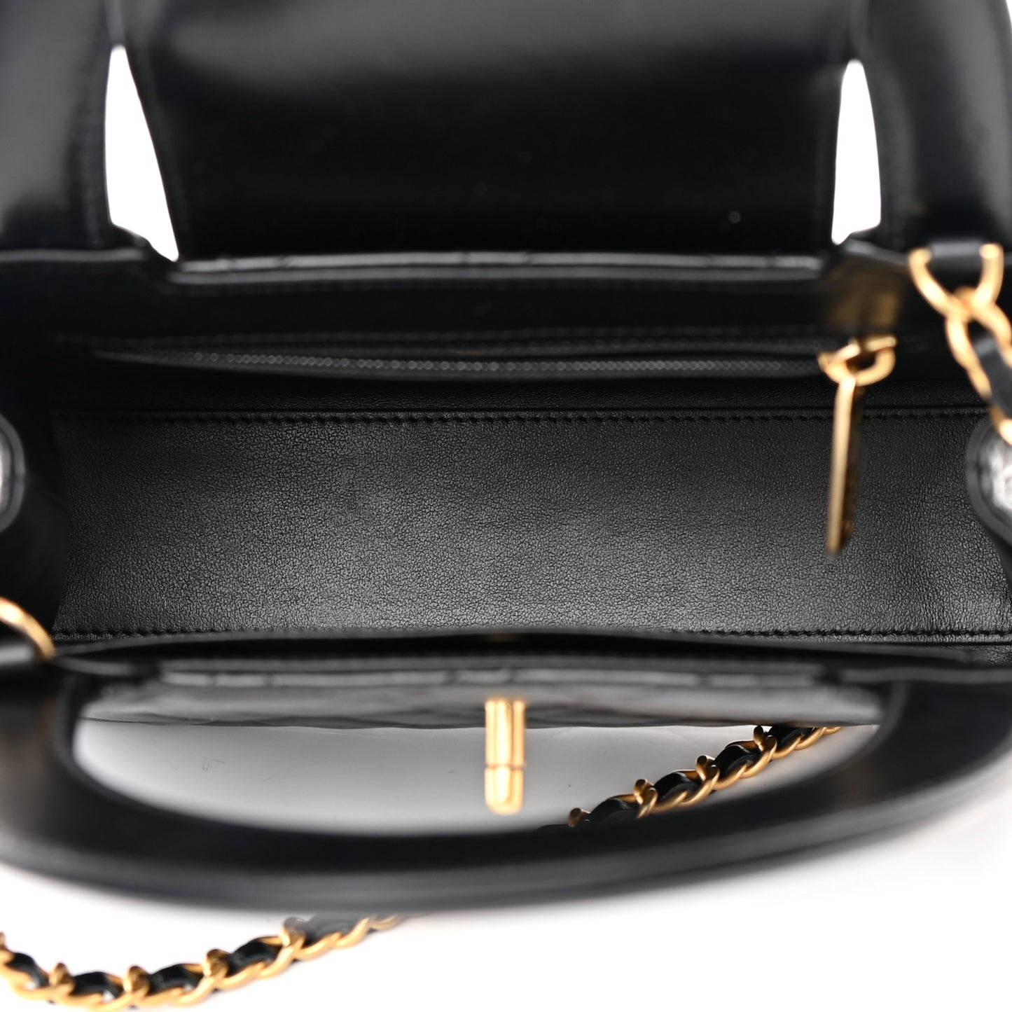 Shiny Aged Calfskin Quilted Nano Kelly Shopper Black