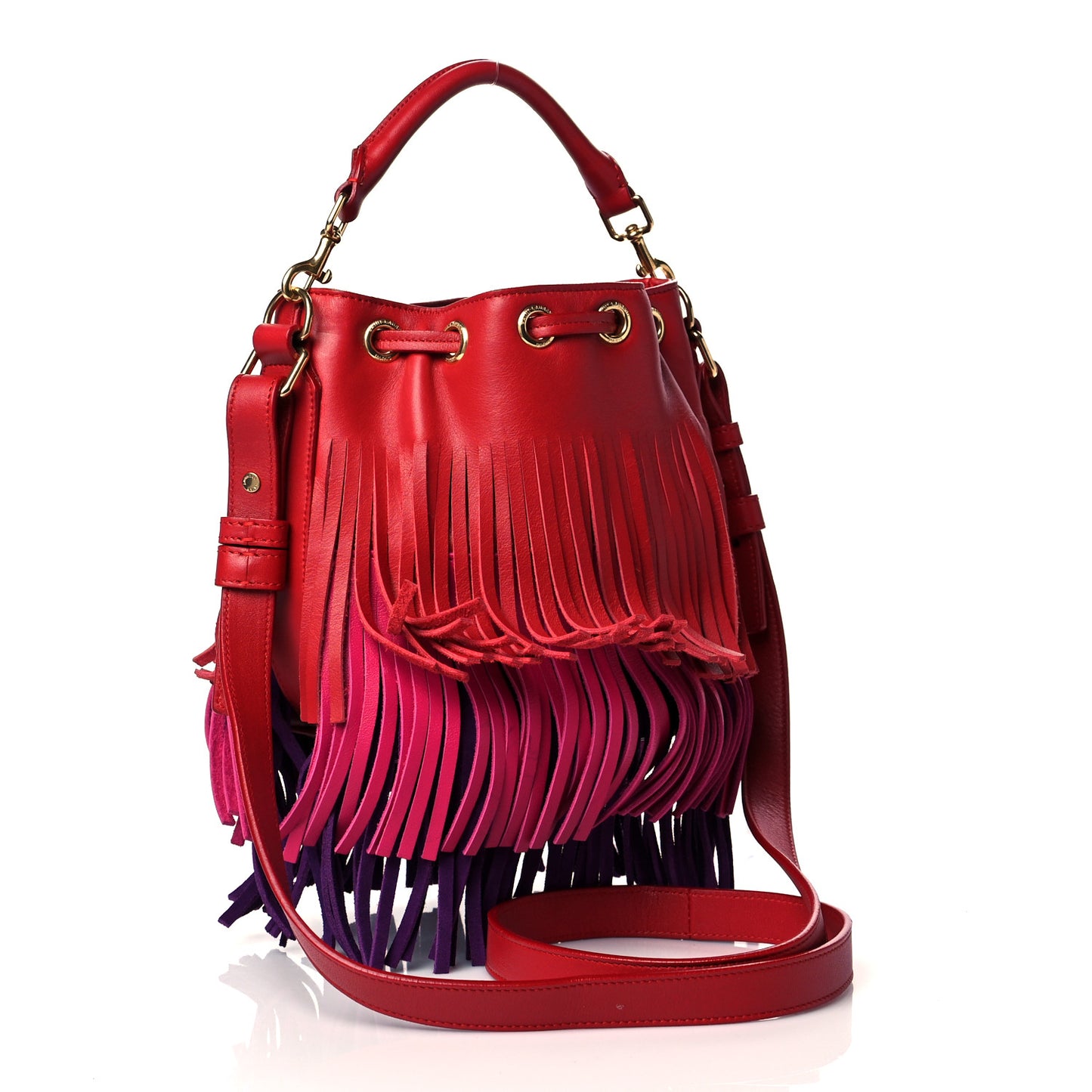 Calfskin Tri-Color Small Emmanuelle Fringe Bucket Bag Red Bubblegum Purple