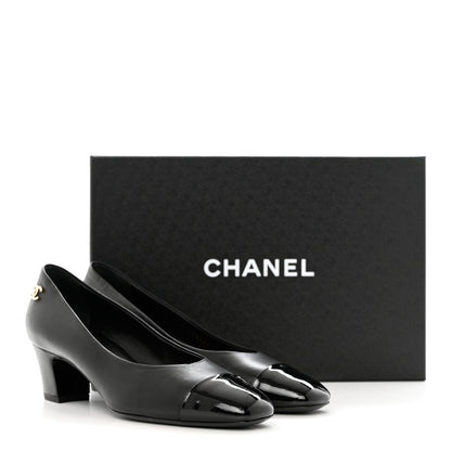 Chanel Lambskin Patent Calfskin Cap Toe CC Pumps 38 Black 14 of 14