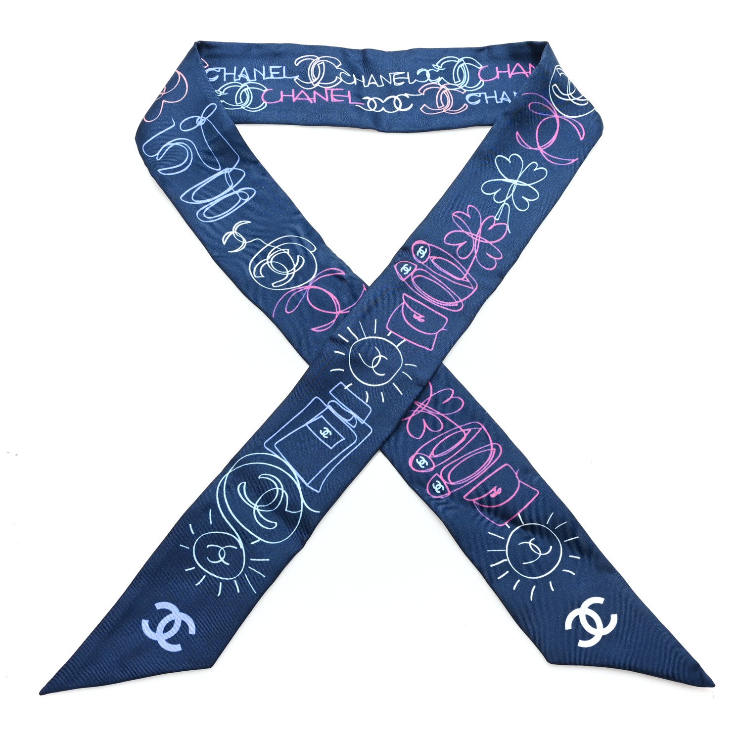 Chanel Silk Twill CC Logo Slim Bandeau Scarf Navy Blue Multicolor