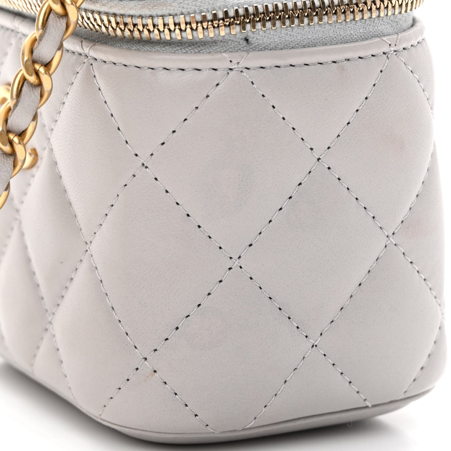 Lambskin Quilted Top Handle Mini Vanity Case With Chain Grey