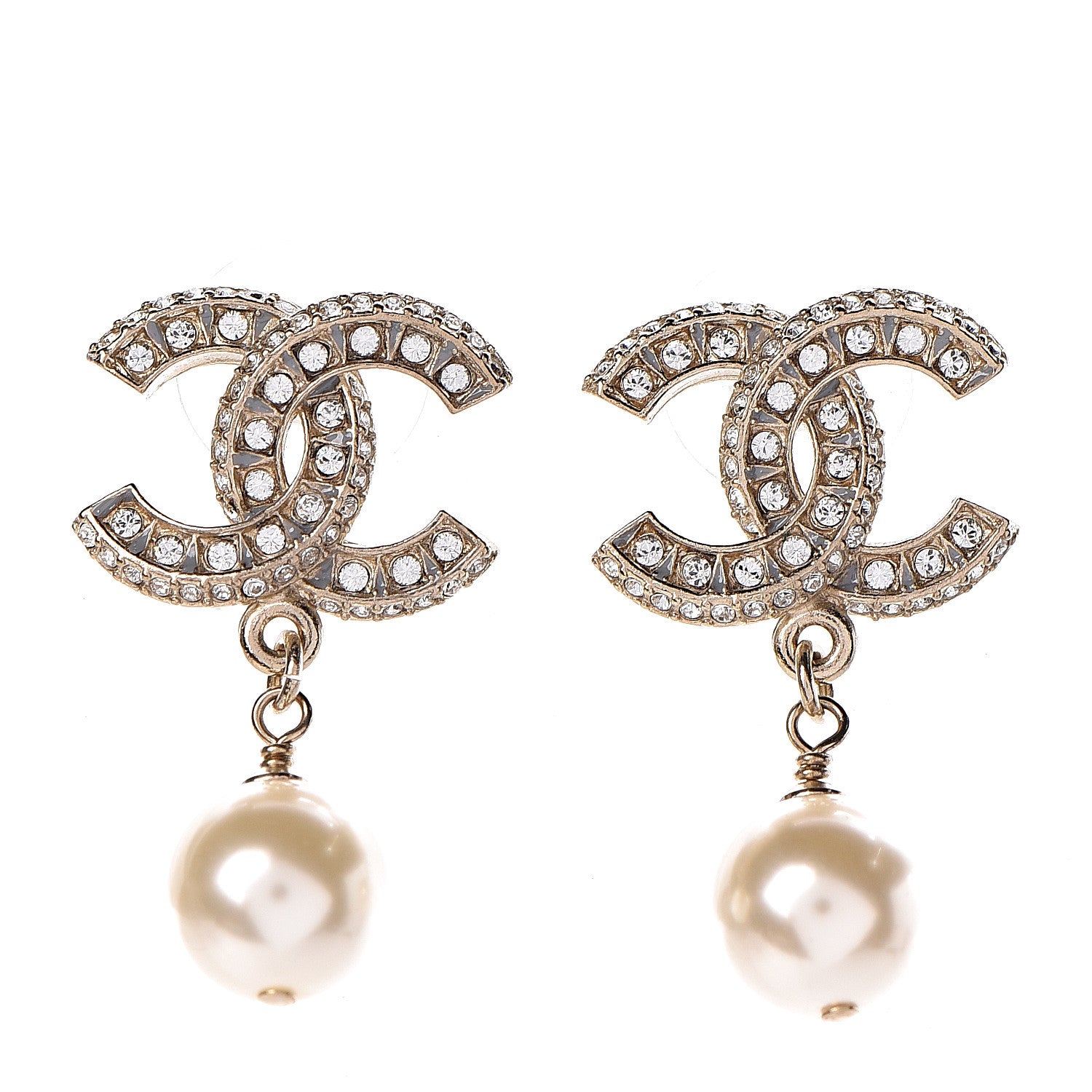 Chanel Crystal Pearl CC Drop Earrings Gold 1 of 4