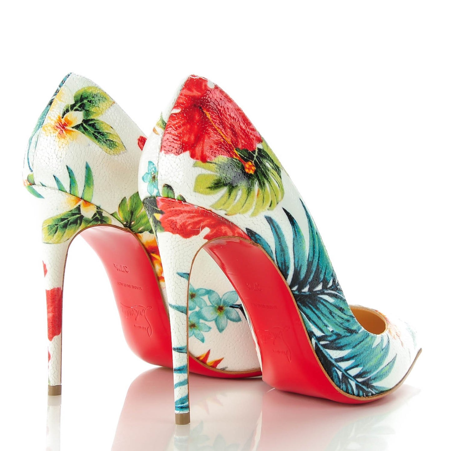 Crackled Calfskin Hawaiian Print Pigalle Follies 100 Pumps 37.5 White