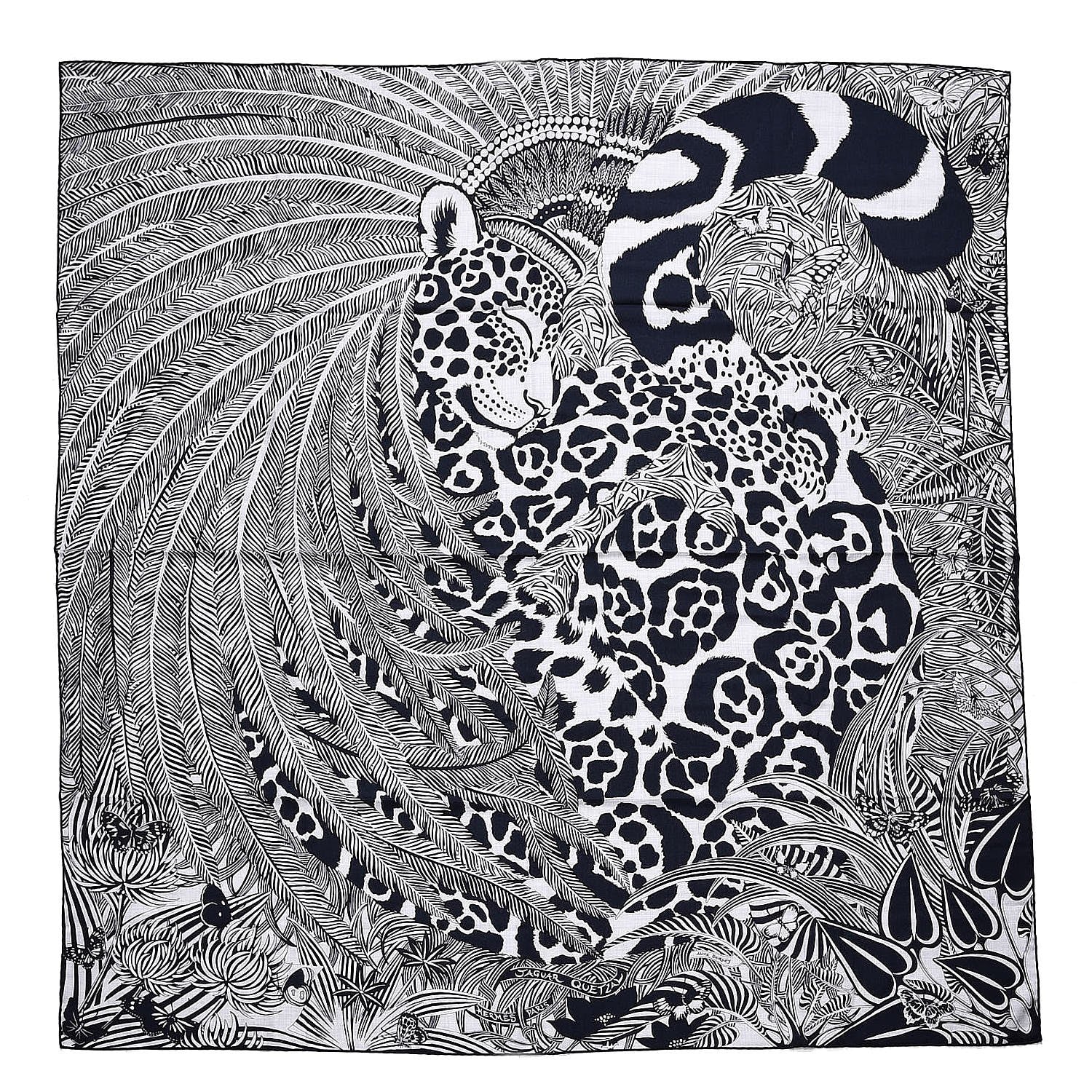 Hermes Cashmere Silk Jaguar Quetzal Shawl 140 Gris Chine Bleu Noir Gris 1 of 5