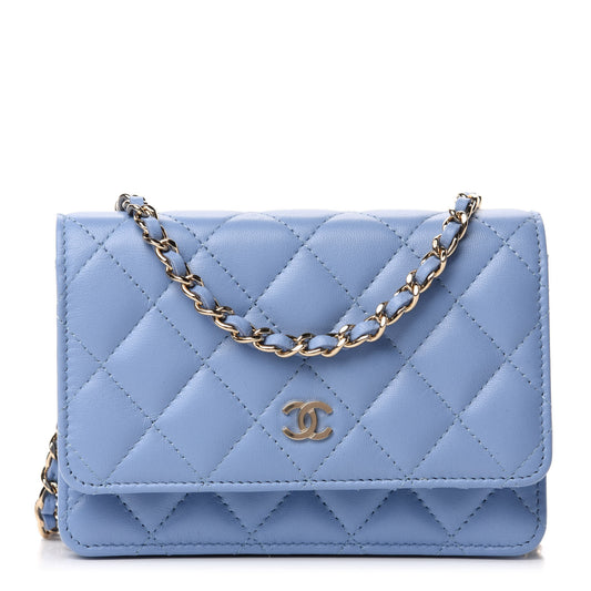 Lambskin Quilted Mini Wallet On Chain WOC Light Blue