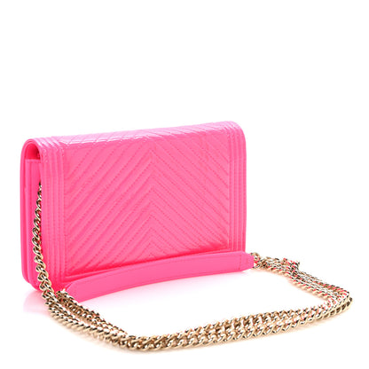 Chanel Patent Chevron Quilted Boy Wallet On Chain WOC Neon Pink 3 of 12
