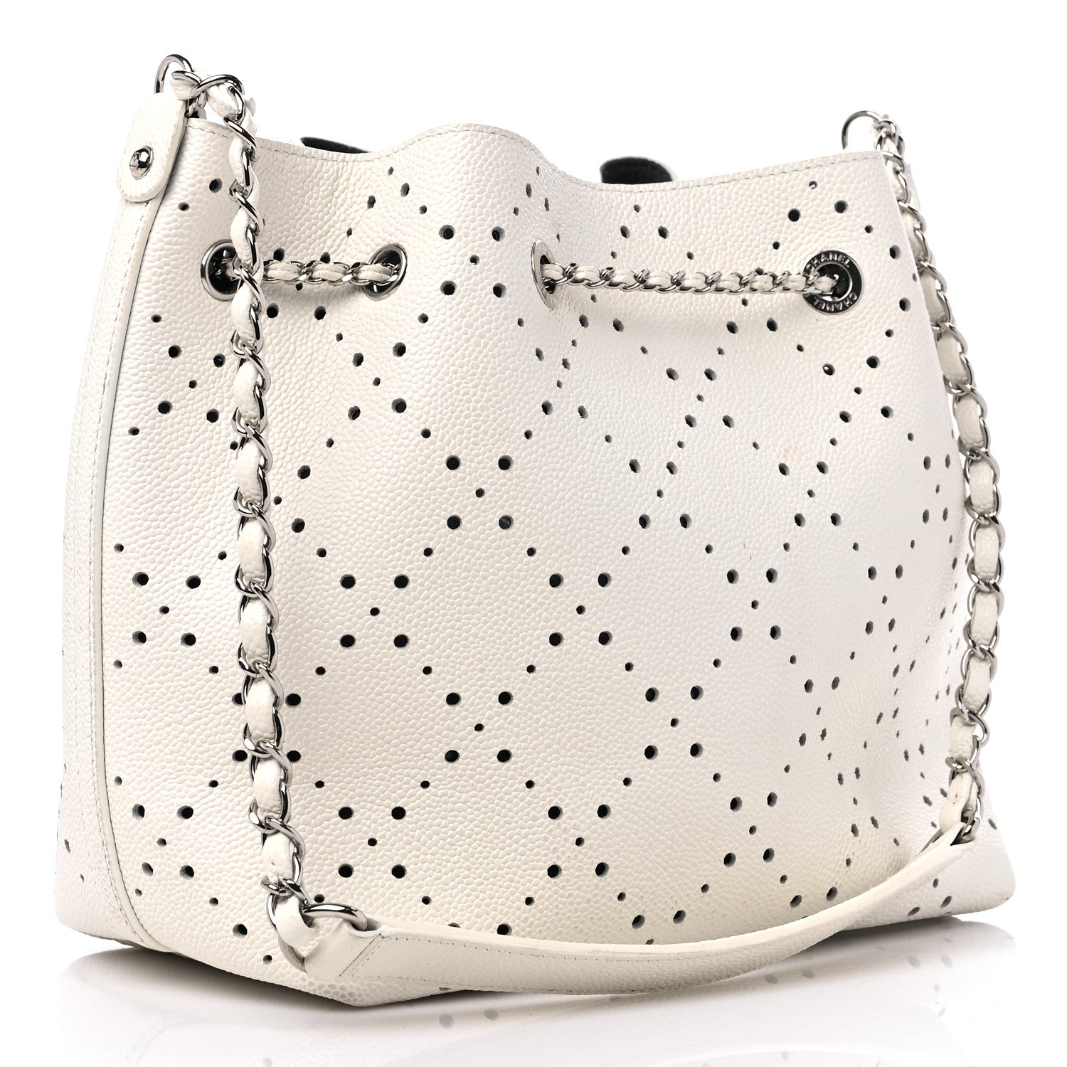 Chanel Caviar Perforated Drawstring CC Bag White 4 of 11
