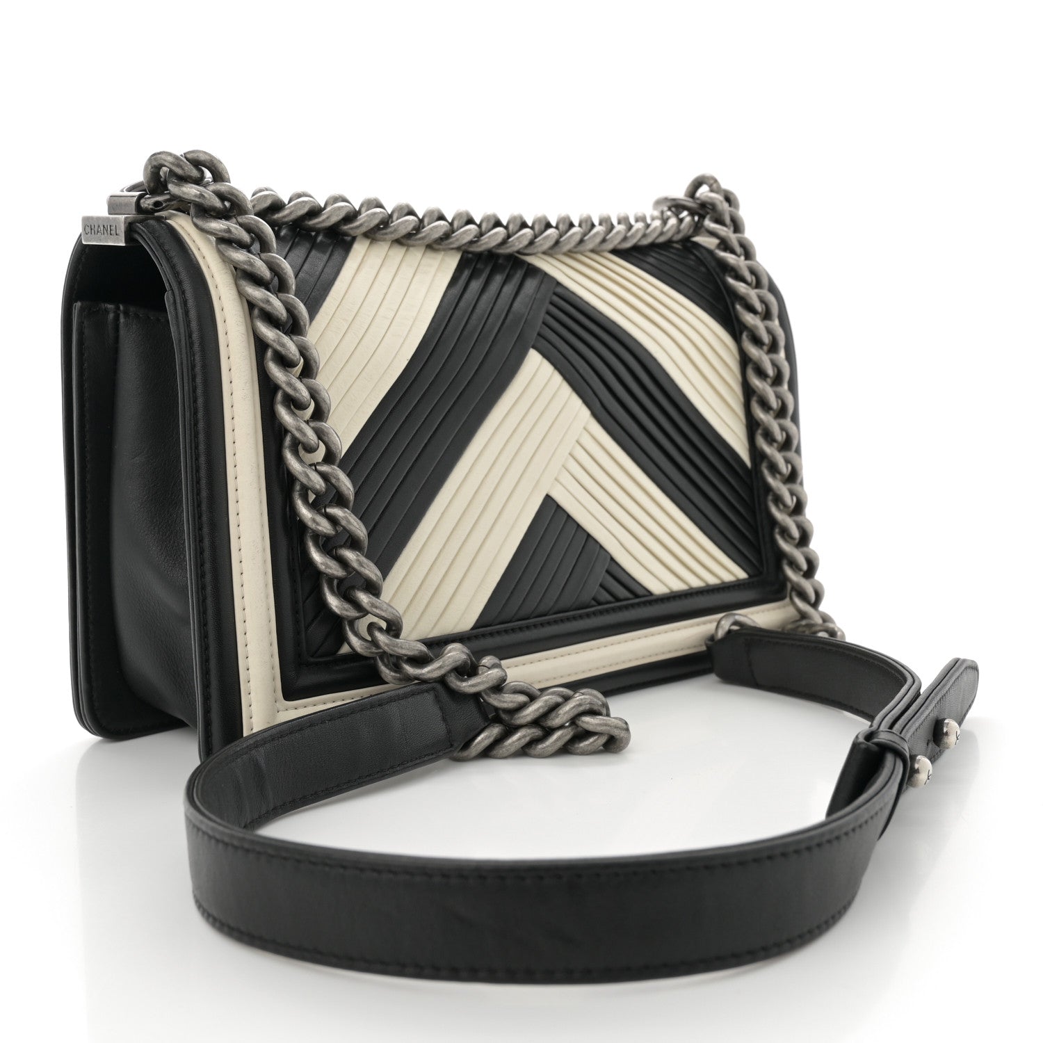 Chanel Calfskin Pleated Medium Boy In Rome Flap Black White 3 of 12