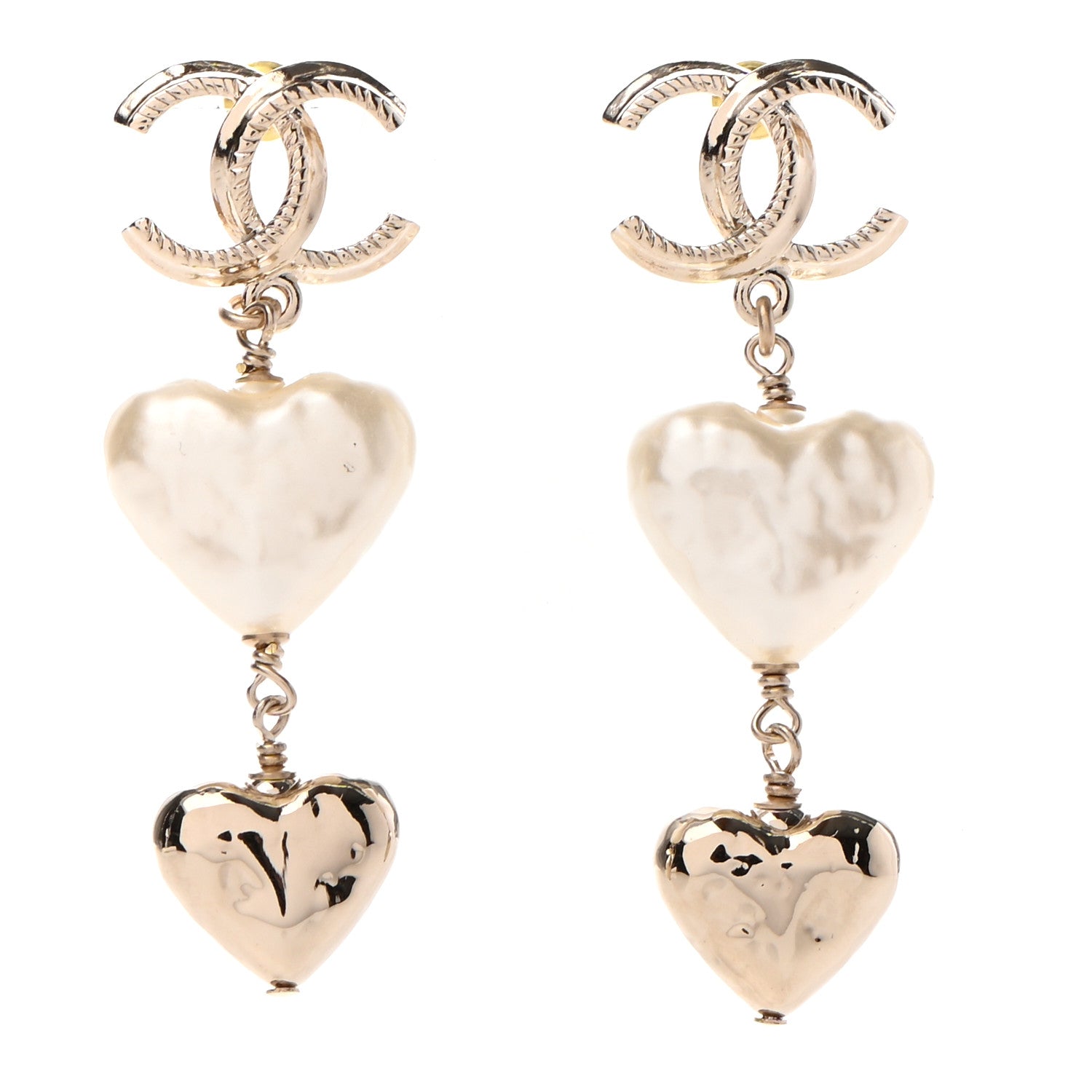 Chanel Pearl CC Double Heart Drop Earrings Gold 1 of 4