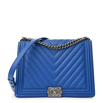 Chanel Calfskin Chevron Quilted Large Boy Flap Blue 1 of 12