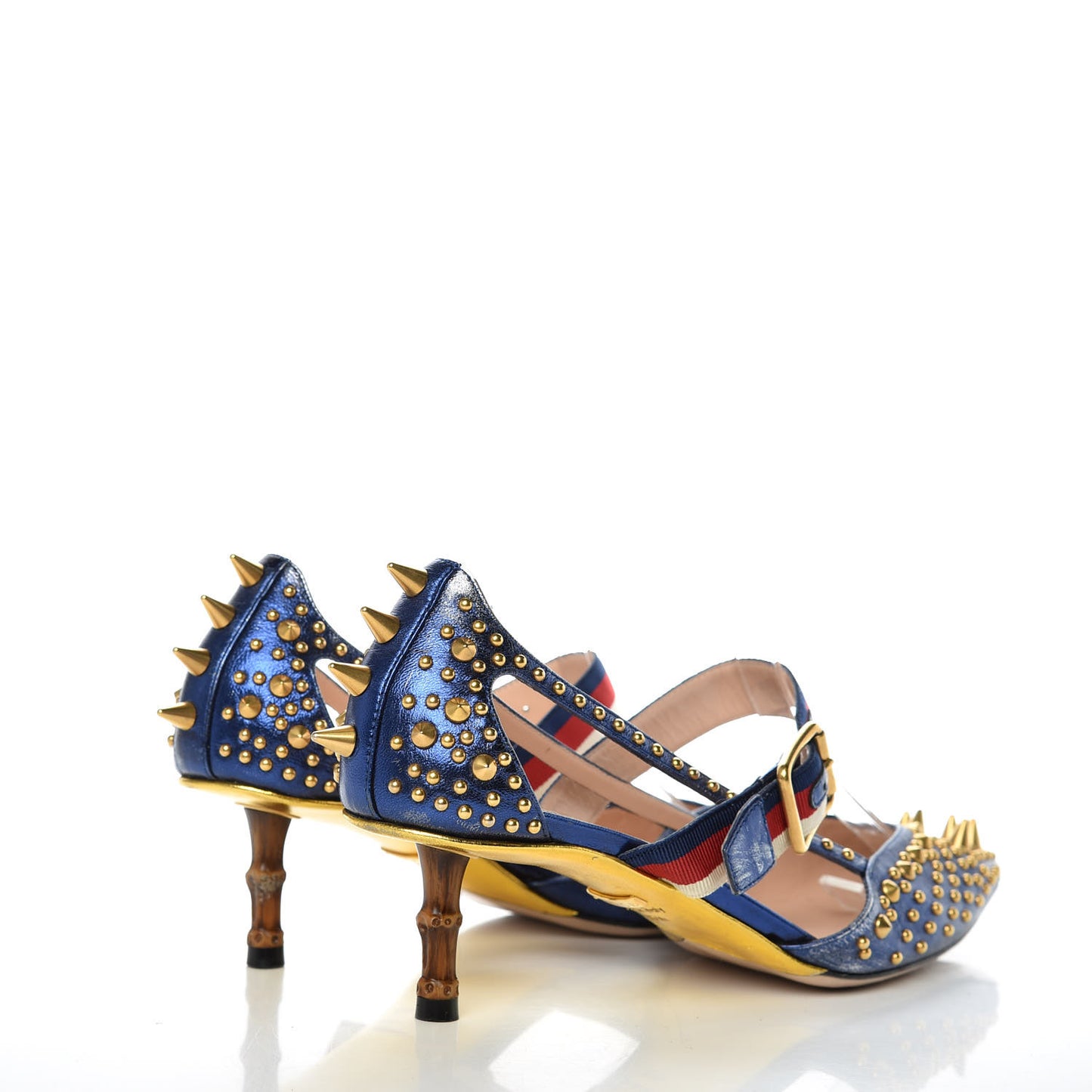 Metallic Nappa Silk Grosgrain Studded Sylvie Web Bamboo Low Heel Pumps 36.5 Sapphire