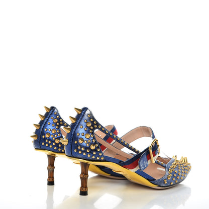 Gucci Metallic Nappa Silk Grosgrain Studded Sylvie Web Bamboo Low Heel Pumps 36.5 Sapphire 4 of 13