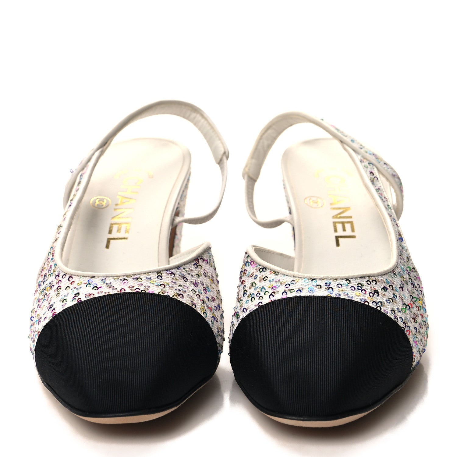 Chanel Tweed Lambskin Sequin Cap Toe CC Slingback Pumps 36.5 White Black Multicolor 2 of 9