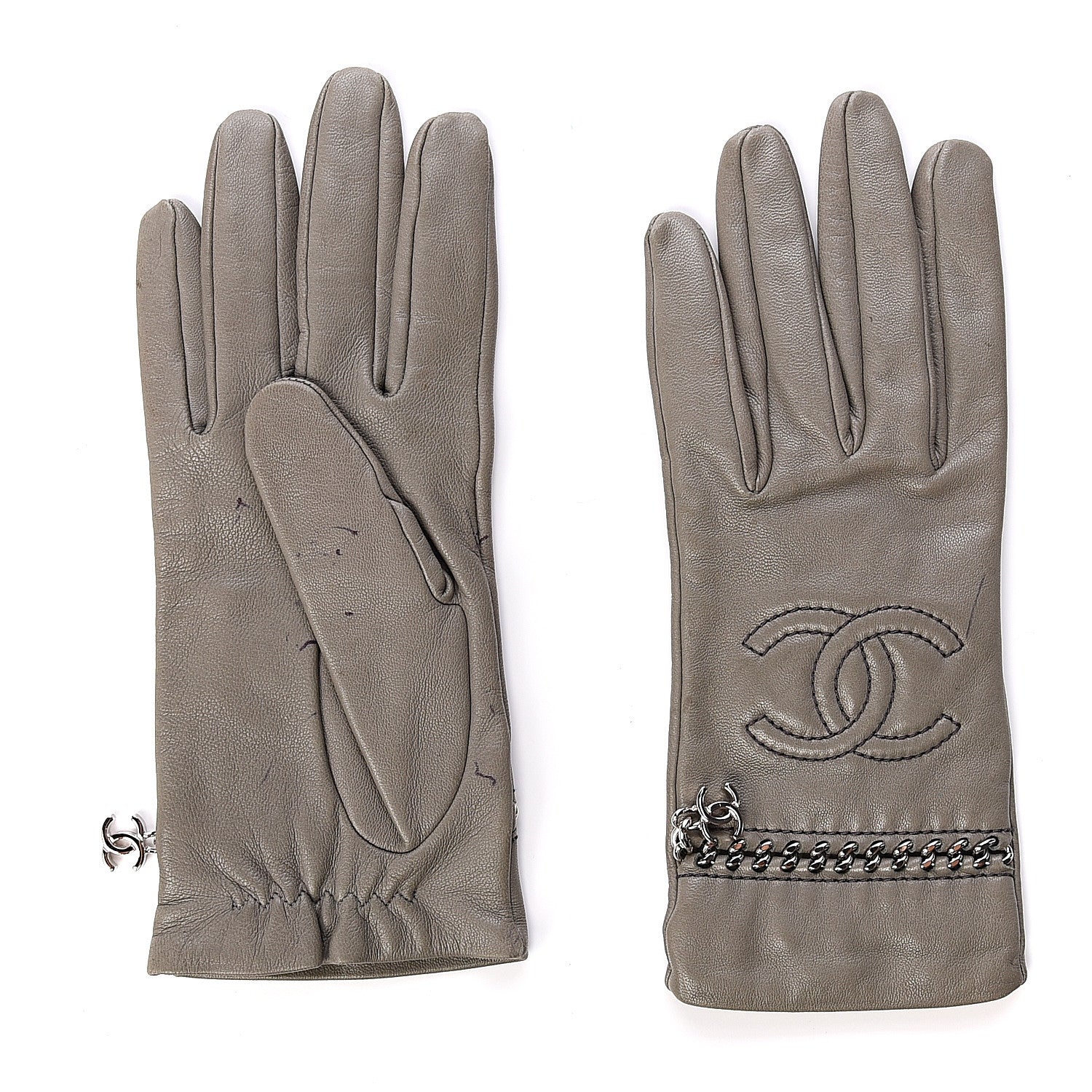 Chanel Lambskin Chain CC Gloves 7.5 Grey 2 of 6