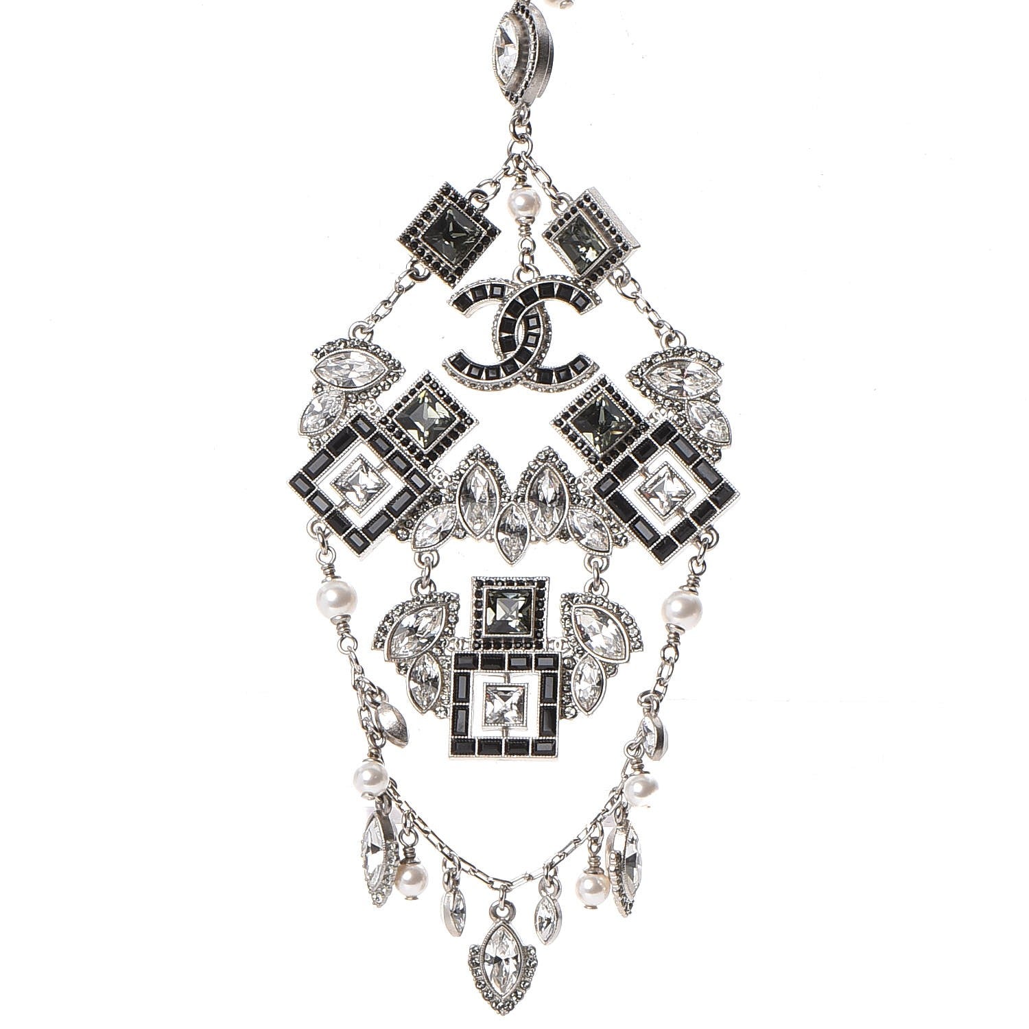 Chanel Crystal Strass Pearl CC Necklace Silver Black 3 of 7