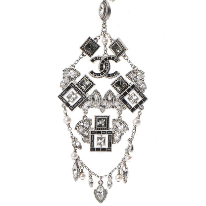 Chanel Crystal Strass Pearl CC Necklace Silver Black 3 of 7