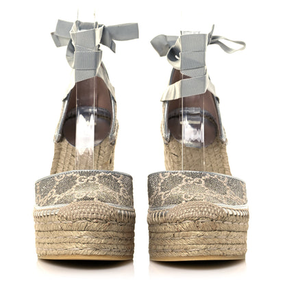 Gucci Lame GG Monogram Ankle Wrap Platform Espadrille Wedges 37 Silver Beige Light Grey 2 of 10
