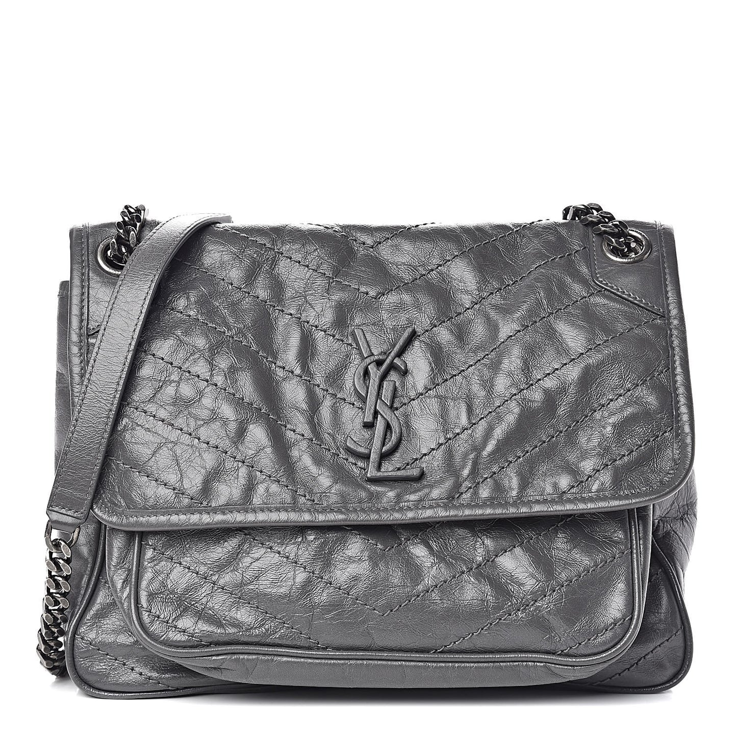 Crinkled Calfskin Matelasse Monogram Medium Niki Chain Satchel Fog