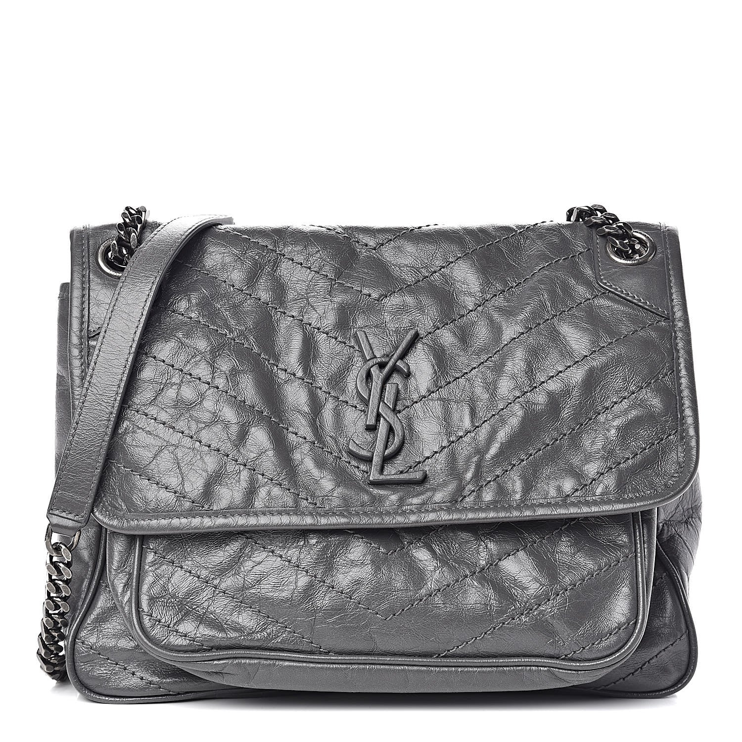 Saint Laurent Crinkled Calfskin Matelasse Monogram Medium Niki Chain Satchel Fog 2 of 10