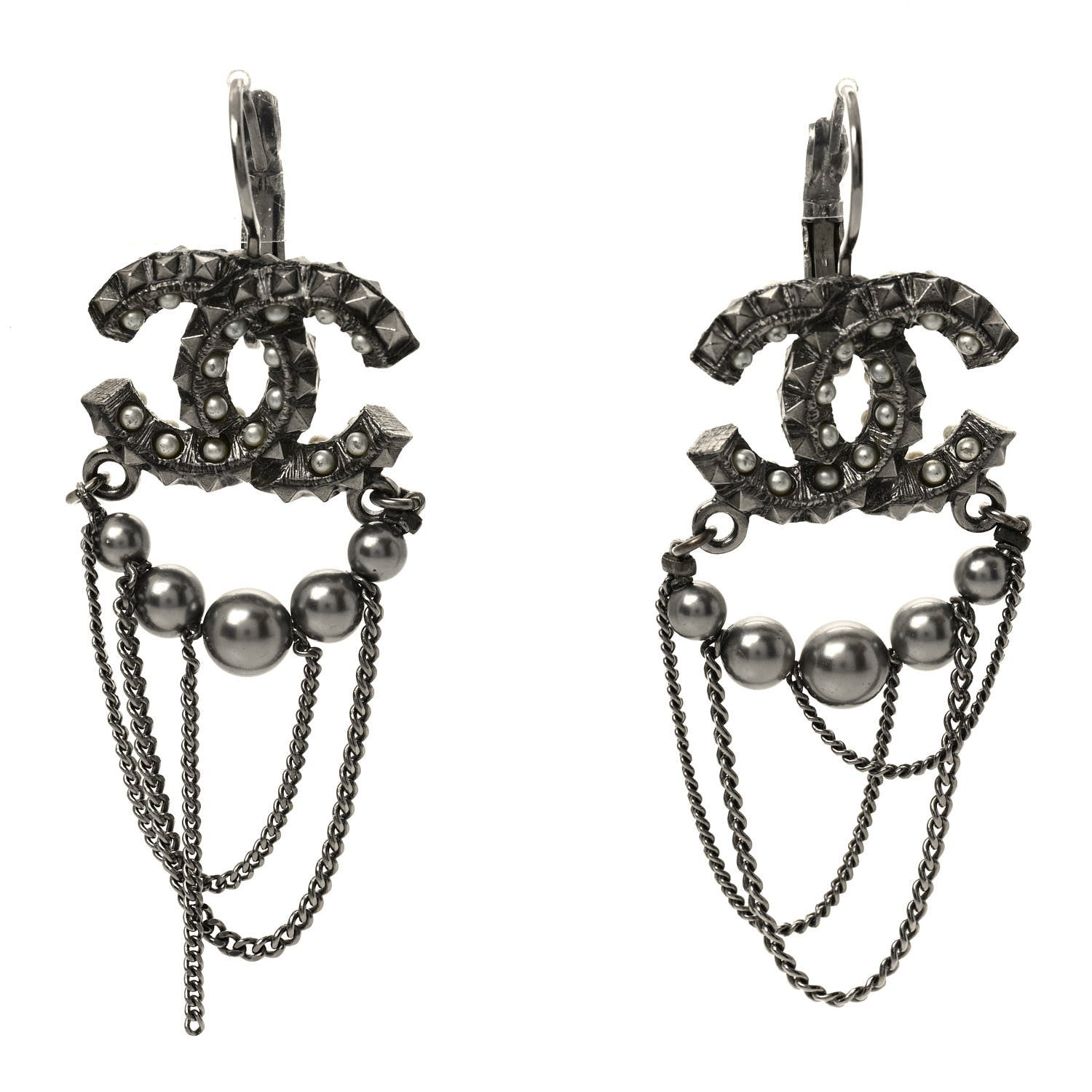 Chanel Ruthenium Spike Beaded CC Drop Earrings Black 1 of 3