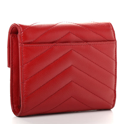 Saint Laurent Grain De Poudre Matelasse Chevron Monogram Compact Tri Fold Wallet Red 3 of 14