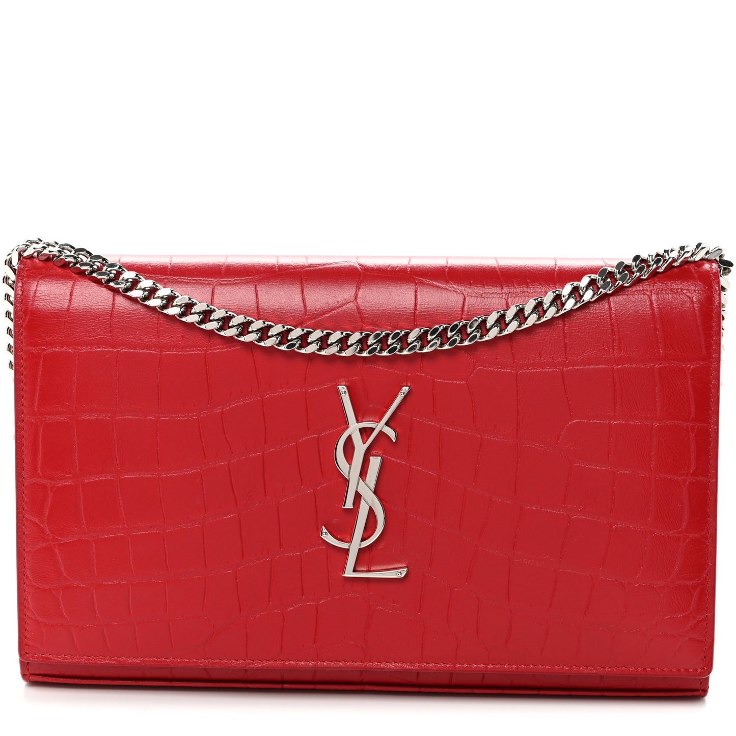 Calfskin Crocodile Embossed Monogram Chain Wallet New Red