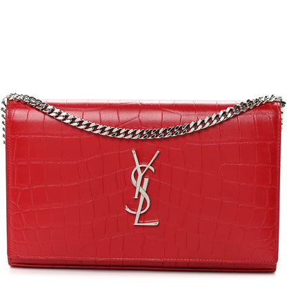 Saint Laurent Calfskin Crocodile Embossed Monogram Chain Wallet New Red 1 of 11