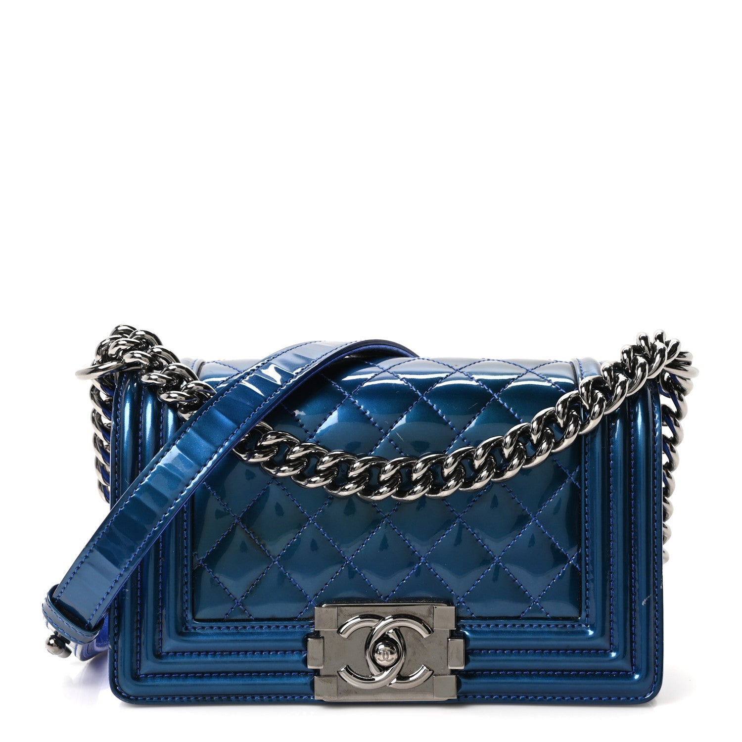 Chanel Metallic Patent Calfskin Quilted Small Boy Flap Blue 1 of 11