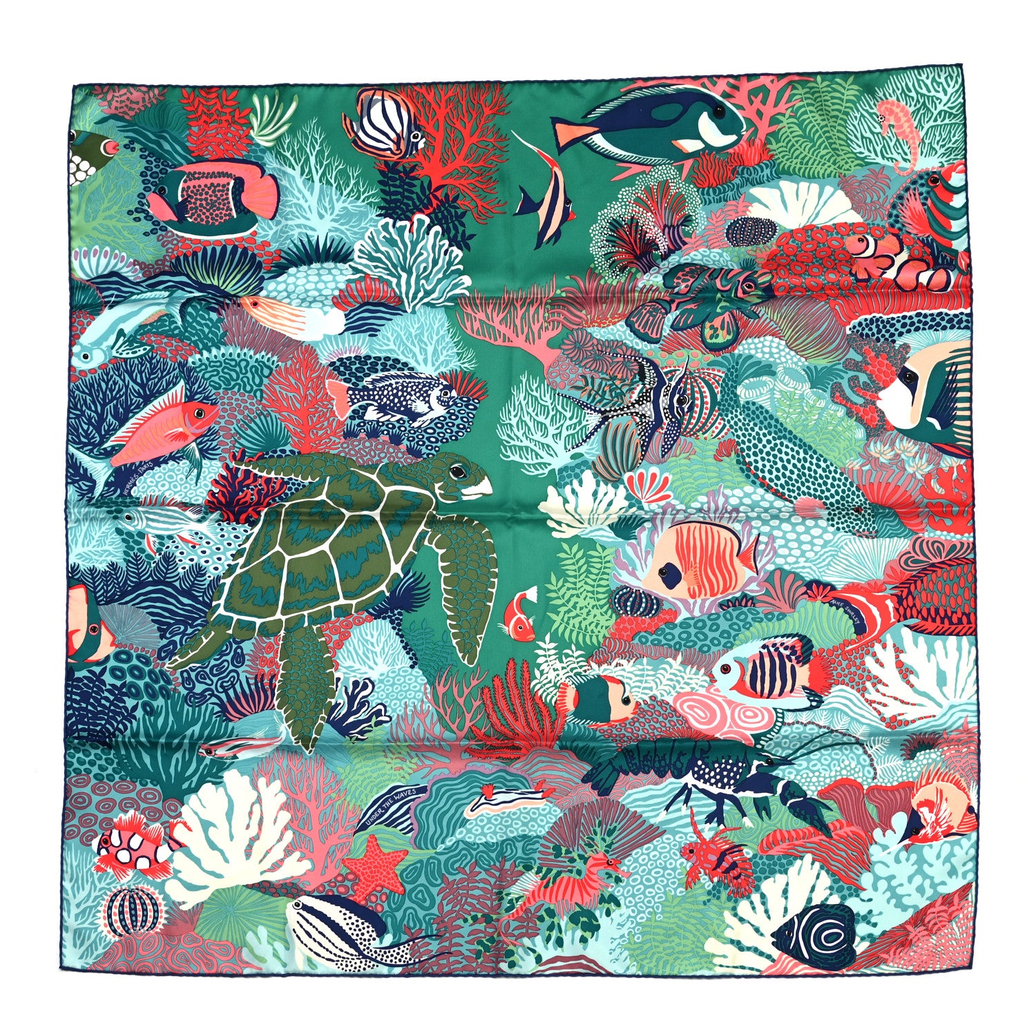 Hermes Silk Under The Waves Scarf 90 Vert Corail Aqua 1 of 7
