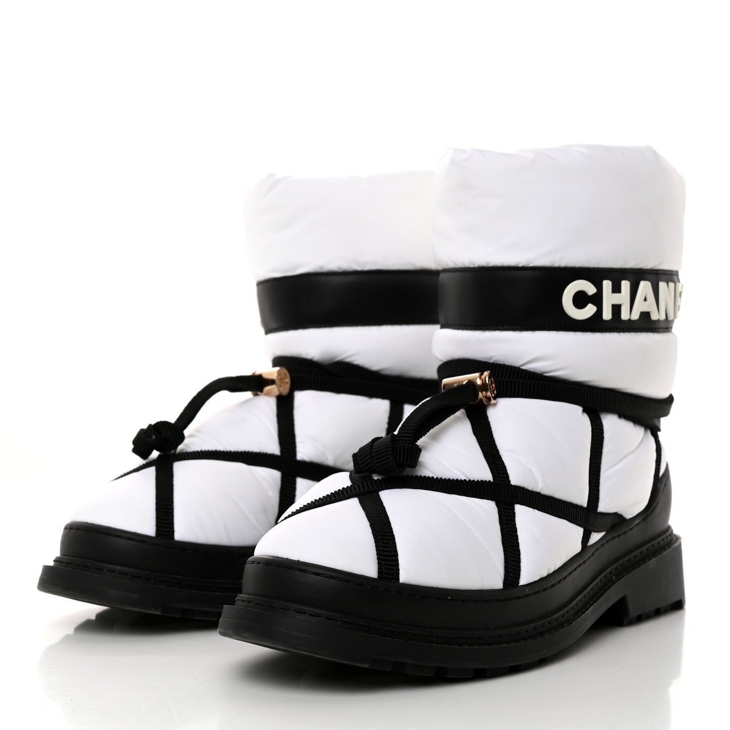Calfskin Nylon Grosgrain CC Ankle Snow Boots 39 White Black