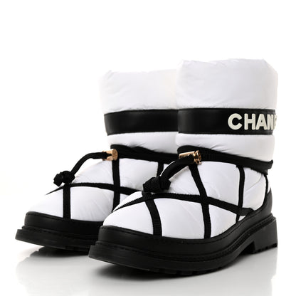 Chanel Calfskin Nylon Grosgrain CC Ankle Snow Boots 39 White Black 3 of 10