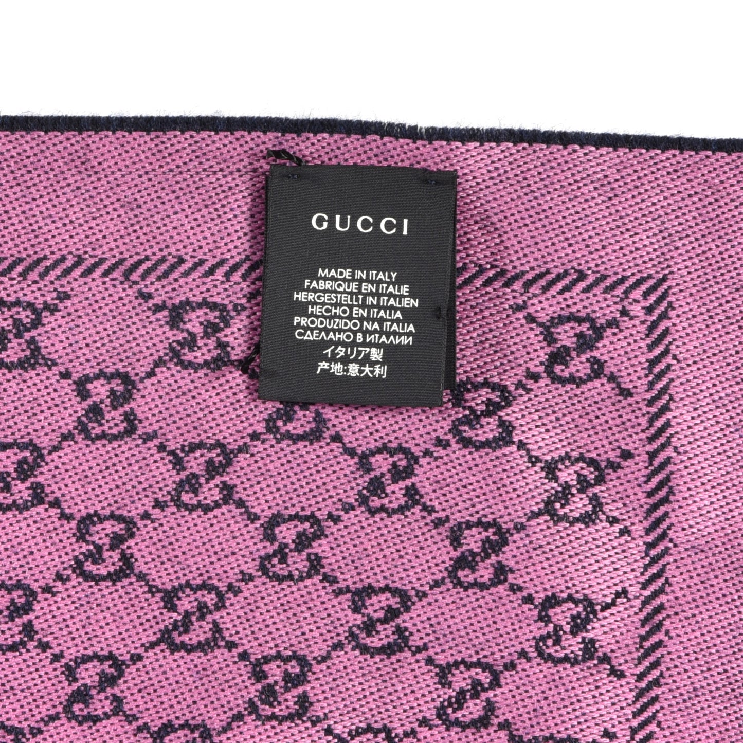 Wool GG Monogram Reversible New Sten Fringe Scarf Midnight Blue Pink