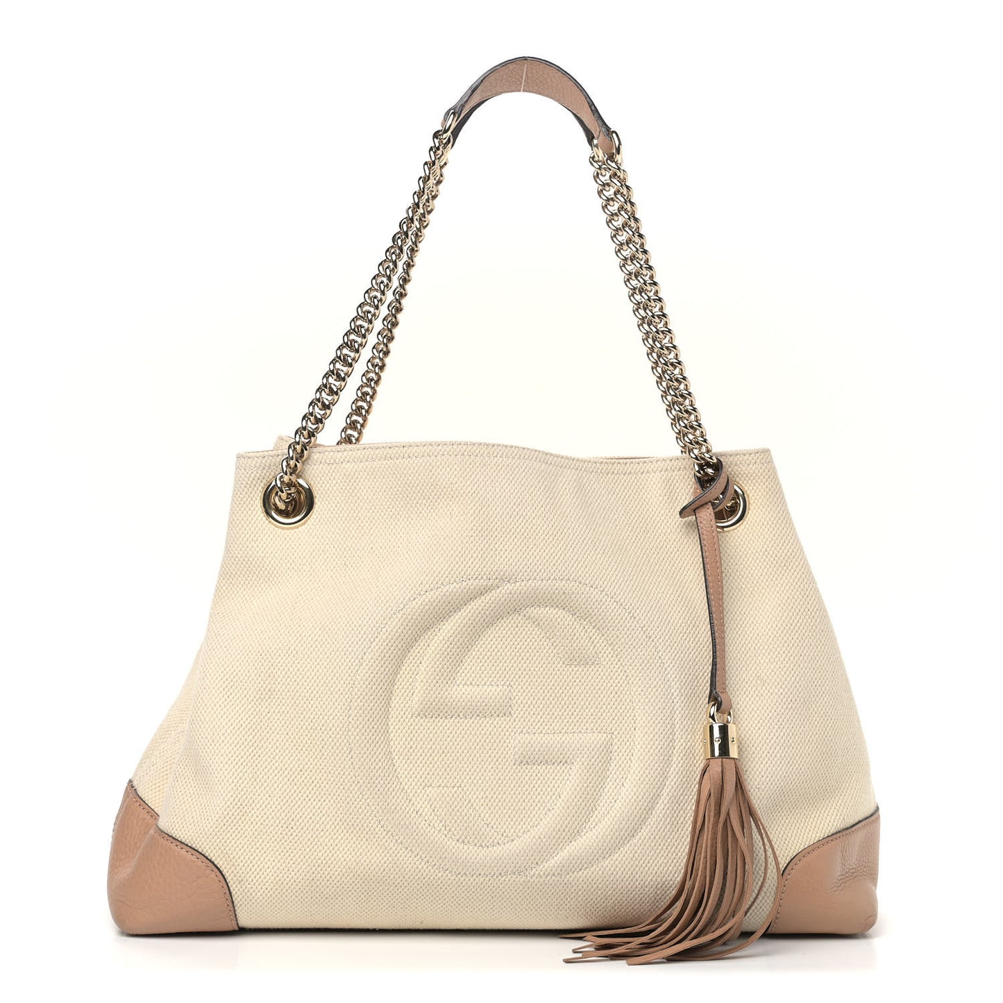 Linen Canvas Pebbled Calfskin Medium Soho Chain Shoulder Bag White Camelia