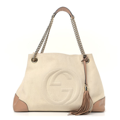 Gucci Linen Canvas Pebbled Calfskin Medium Soho Chain Shoulder Bag White Camelia 1 of 10