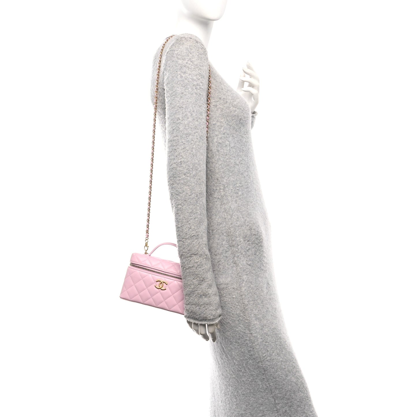 Caviar Quilted Textured CC Top Handle Slim Vanity With Chain Light Pink