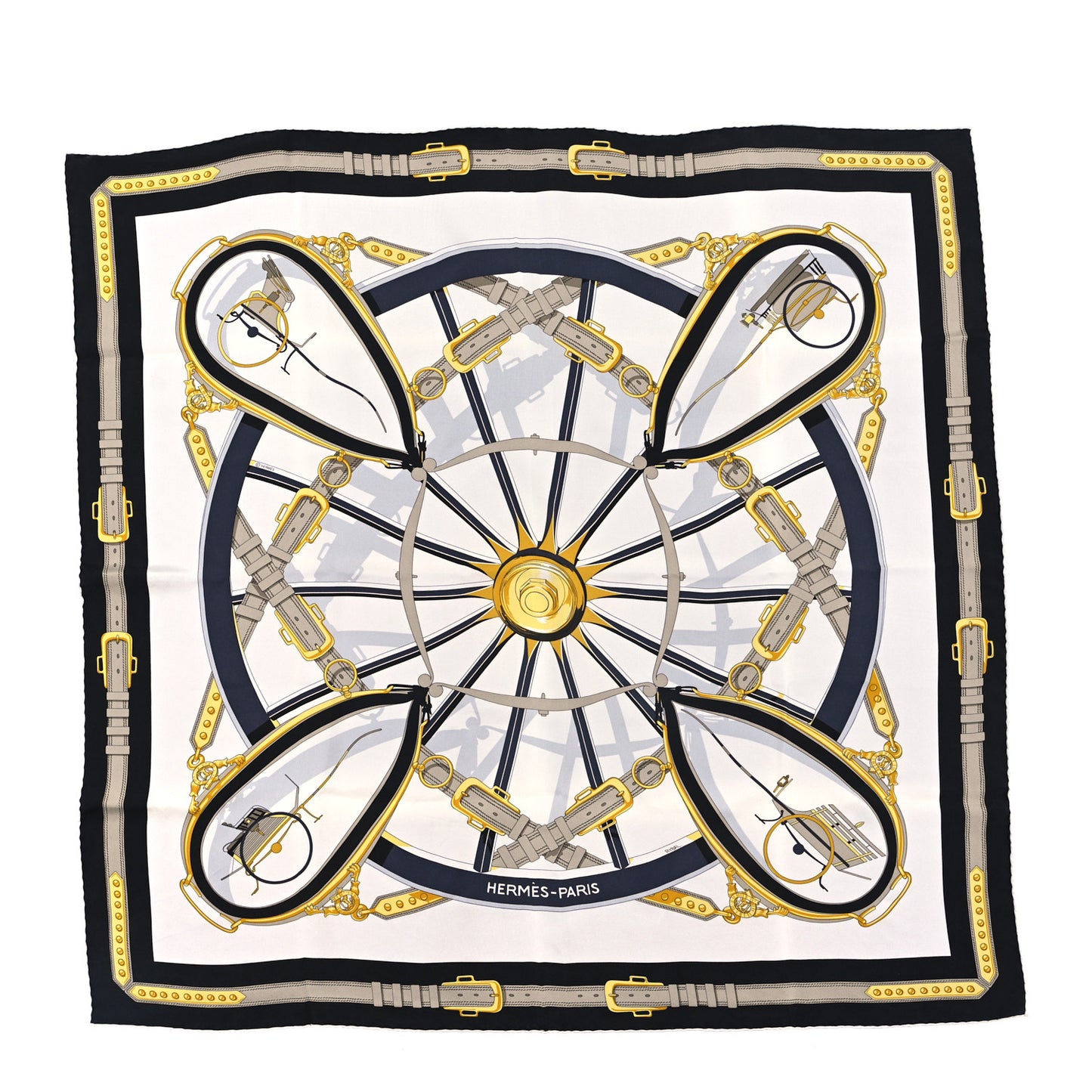 Silk En Roue Libre Scarf 90 White Black Gold