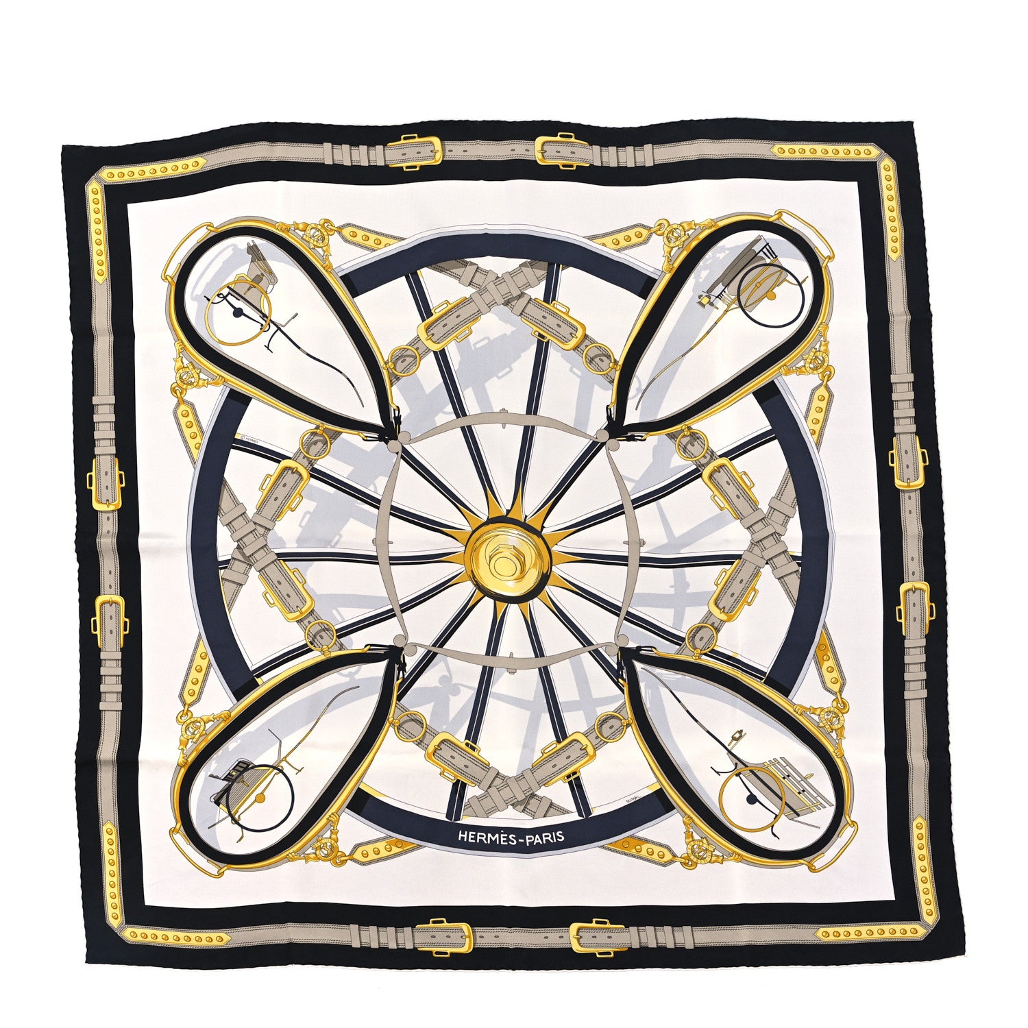 Hermes Silk En Roue Libre Scarf 90 White Black Gold 1 of 3
