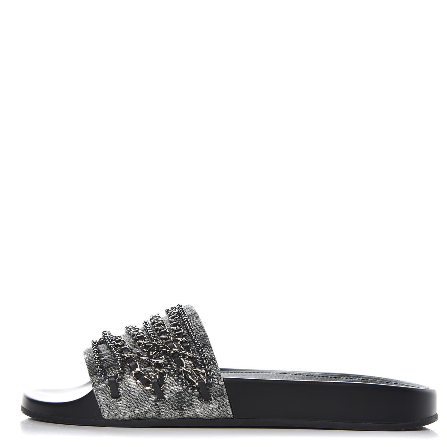 Fantasy Lambskin Pearl Chain CC Flat Mules 40 Silver Black