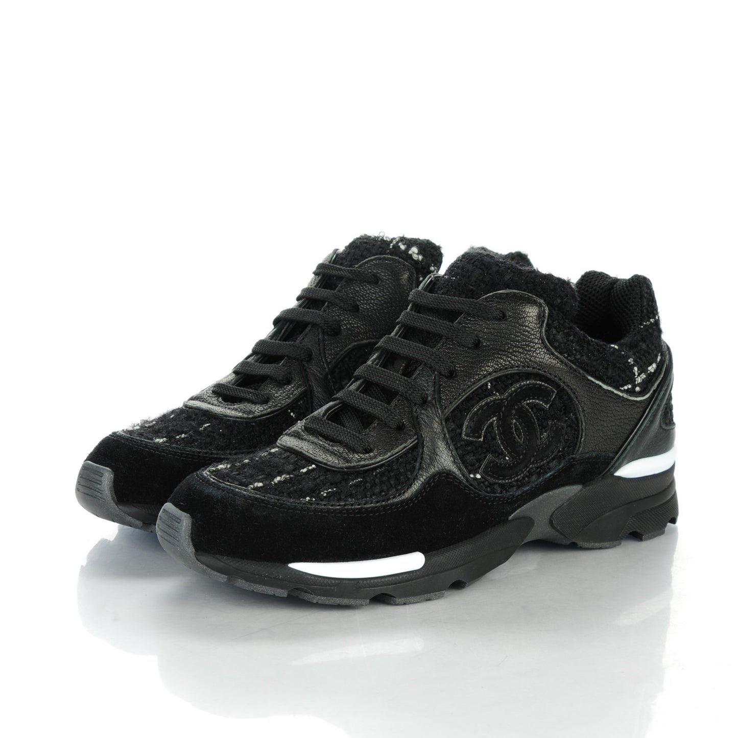 Suede Tweed Goatskin CC Sneakers 34.5 Black