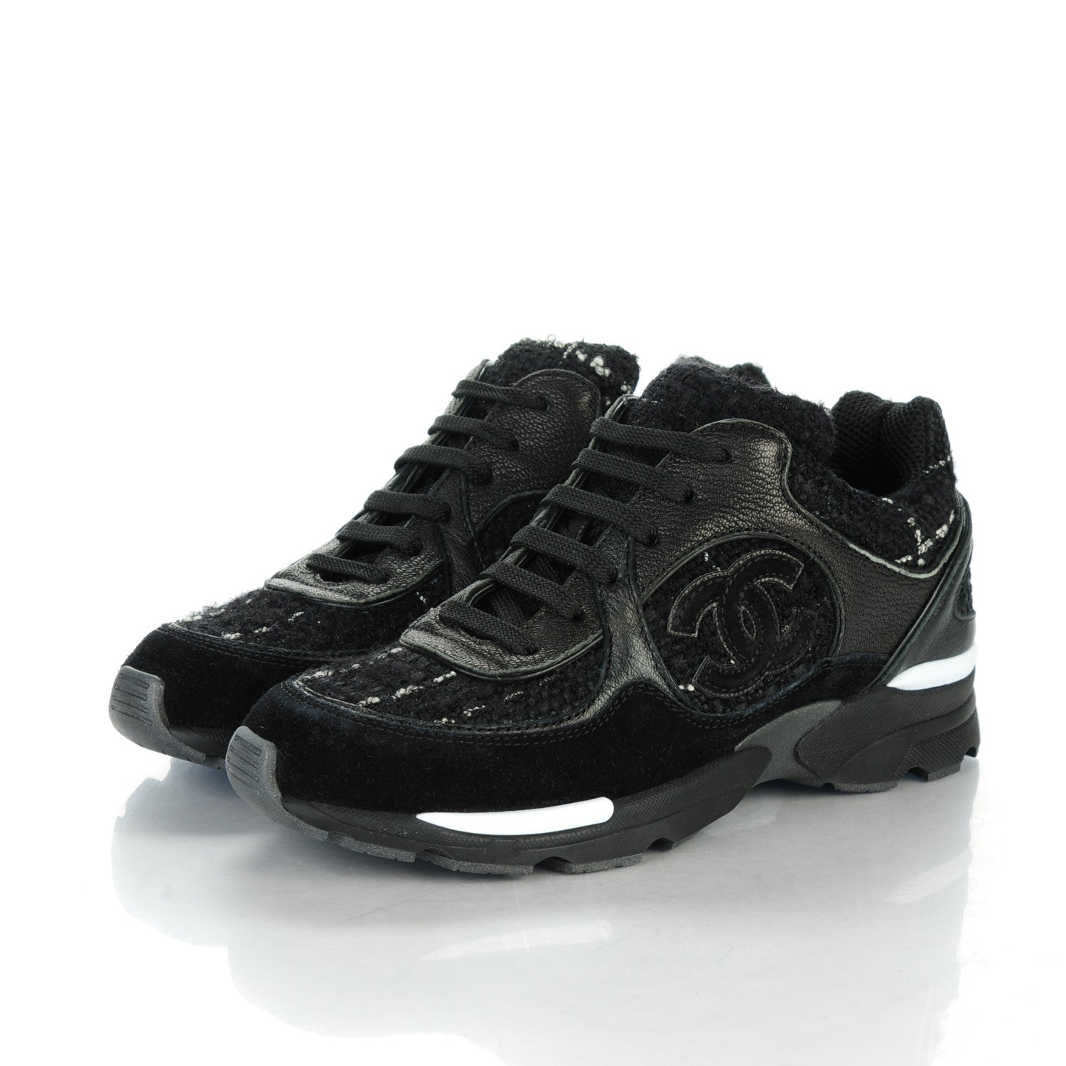 Chanel Suede Tweed Goatskin CC Sneakers 34.5 Black 3 of 8