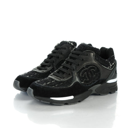 Chanel Suede Tweed Goatskin CC Sneakers 34.5 Black 3 of 8