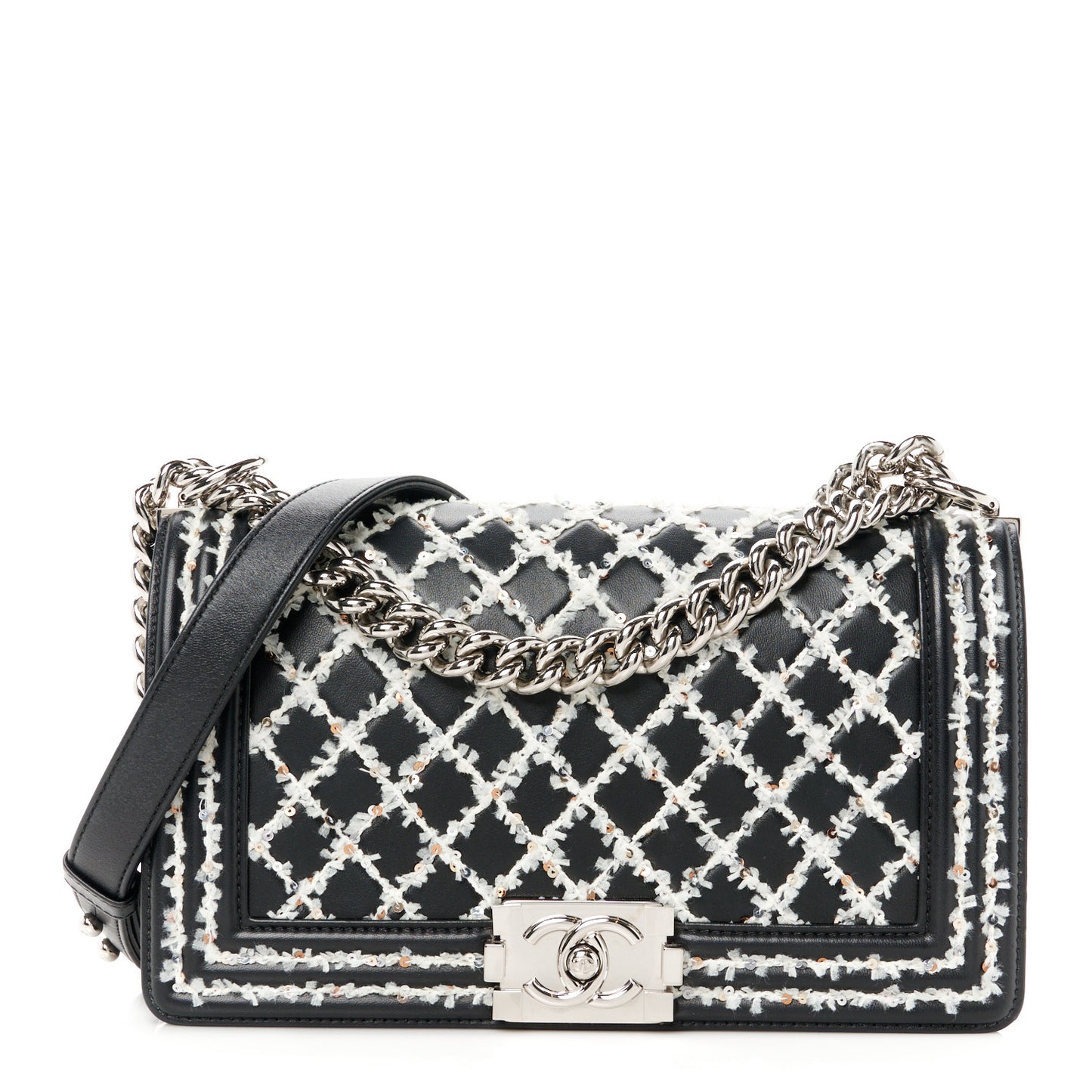 Calfskin Tweed Sequin Stitched Medium Boy Flap Black White