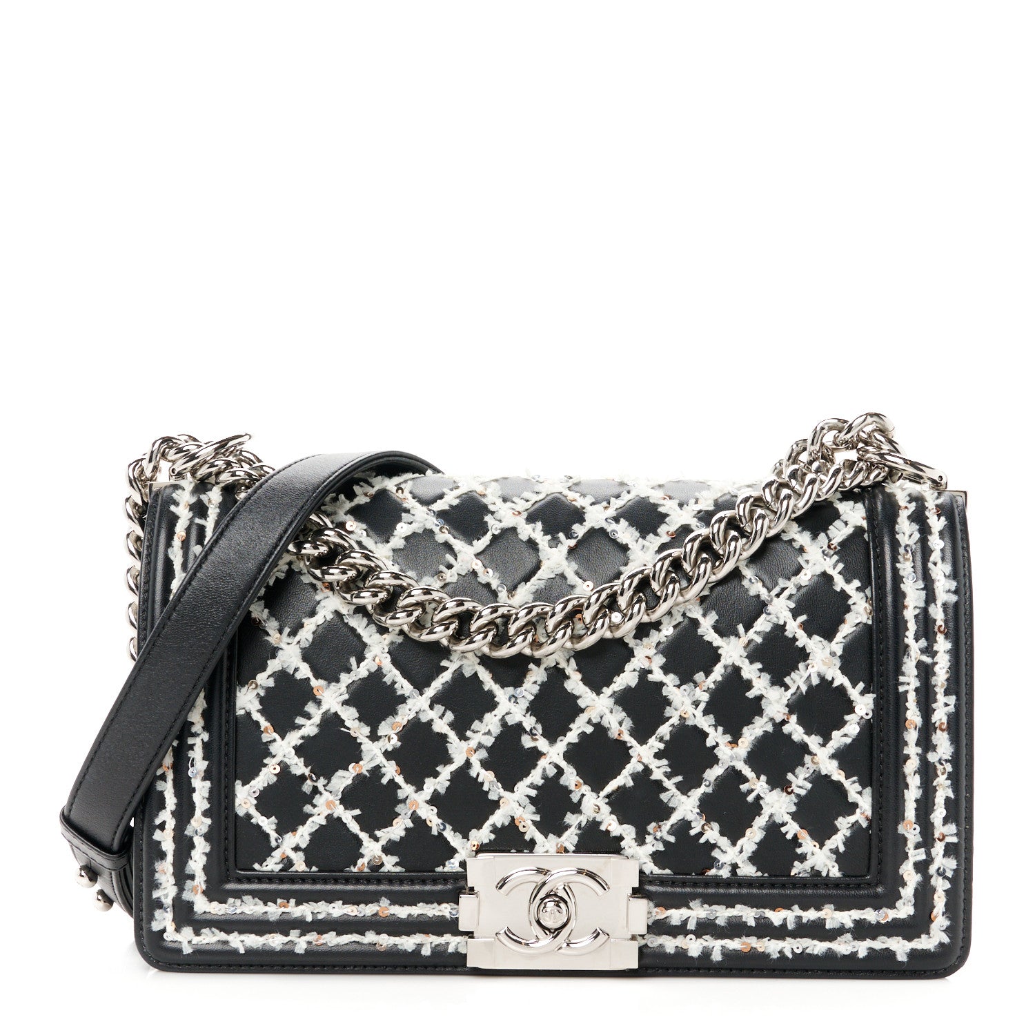 Chanel Calfskin Tweed Sequin Stitched Medium Boy Flap Black White 1 of 10