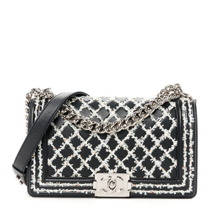 Chanel Calfskin Tweed Sequin Stitched Medium Boy Flap Black White 1 of 10