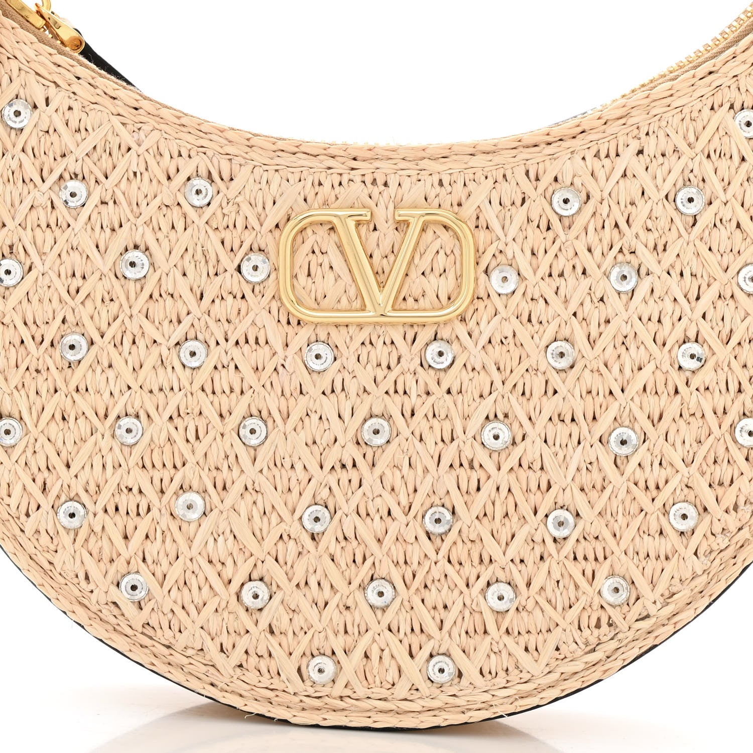 Valentino Garavani Raffia Calfskin Crystal Embellished Mini Vlogo Hobo Bag Naturale Sahara 7 of 9